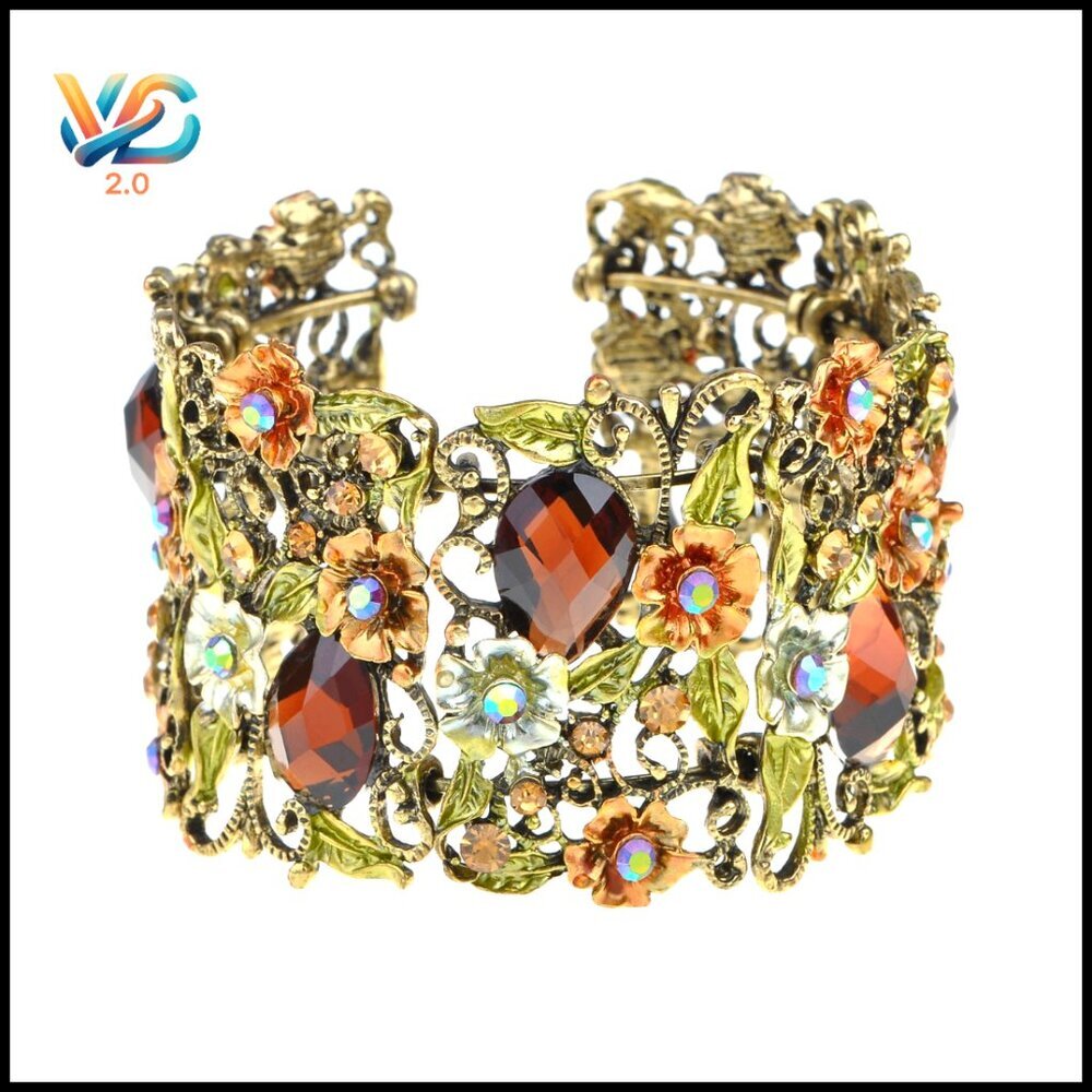 Vintage Floral Crystal Rhinestone Cuff Bracelet Elegant Retro Statement Bangle